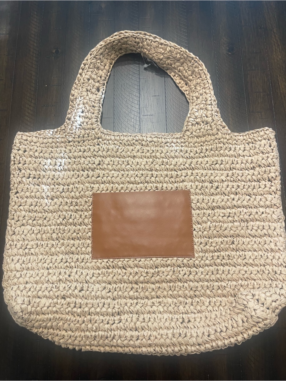 J. Crew Natural Straw Tote with Brown Leather Patch